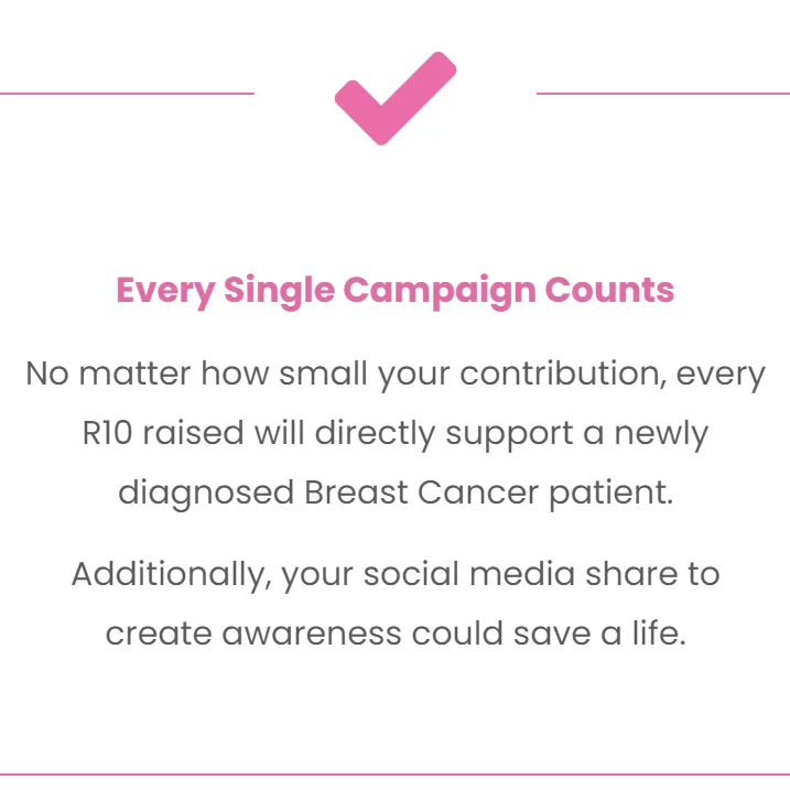 Every single campaign counts — no matter how small your contribution, every R10 raised will directly support a newly diagnosed breast cancer patient.